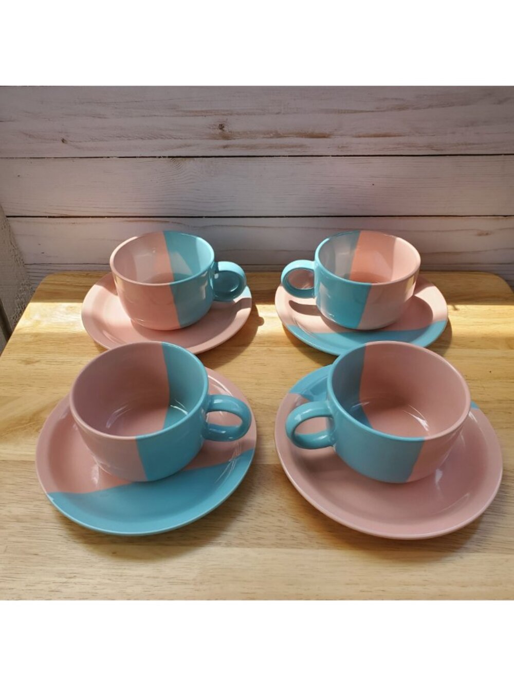 Hand Painted VTG Pier 1 Pink Blue Set Of 4 Coffee Cups And Saucers Japan 1990s - Picture 2 of 16